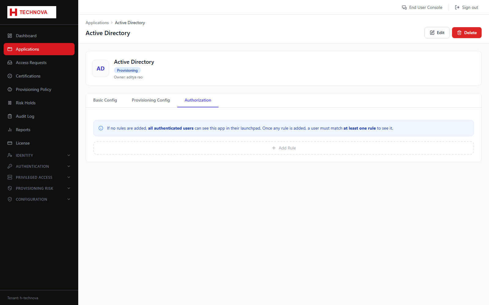 Application → Authorization screen