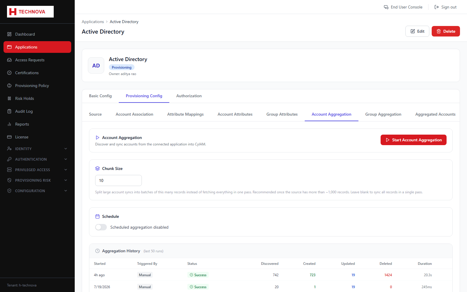 Provisioning → Account Aggregation screen
