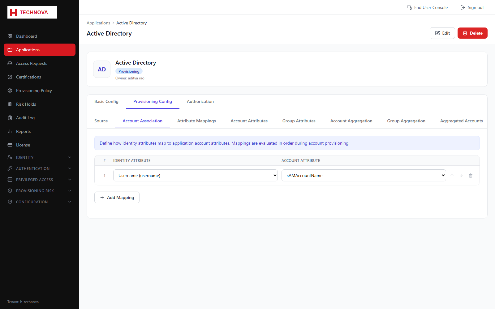 Provisioning → Account Association screen