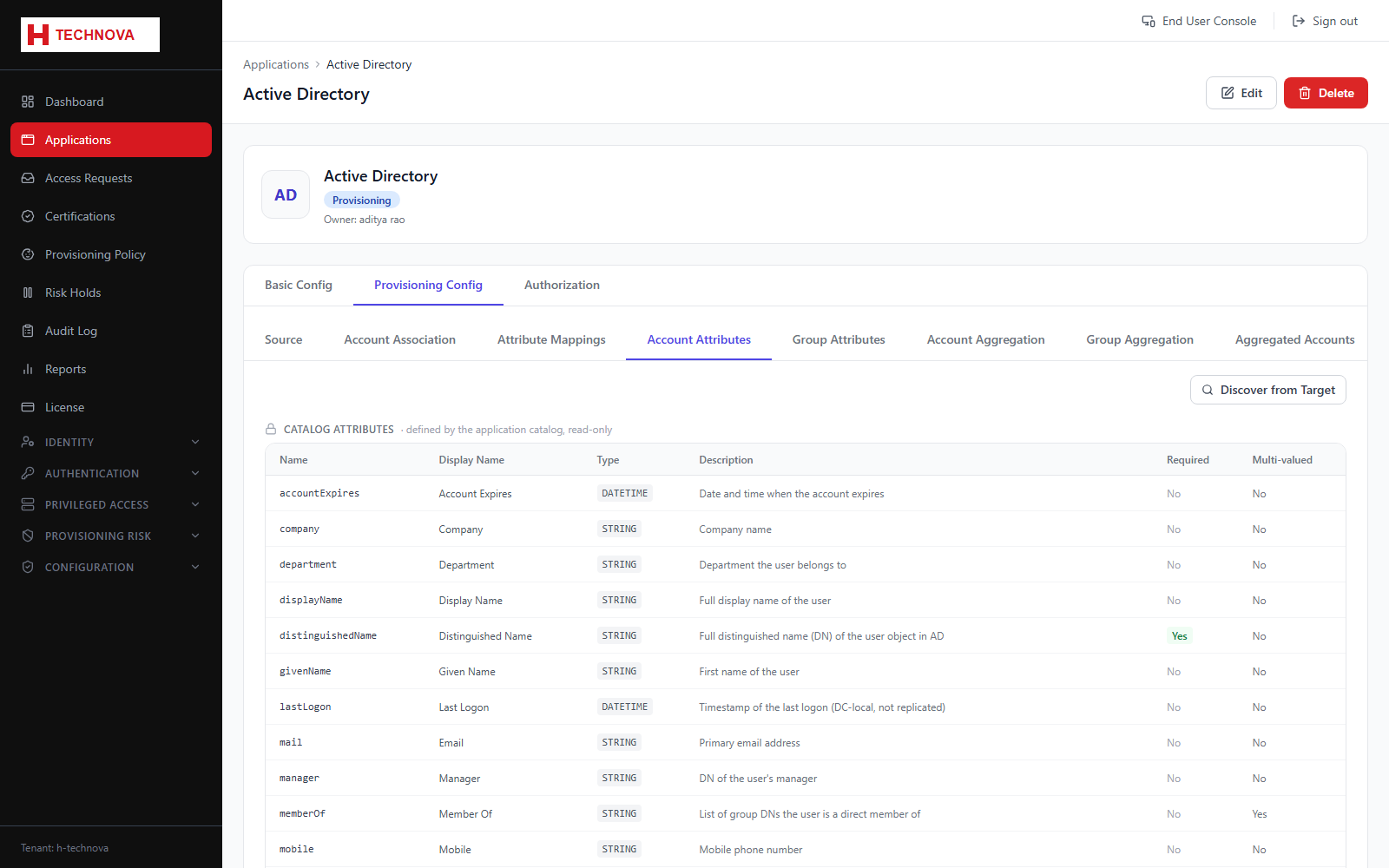 Provisioning → Account Attributes screen