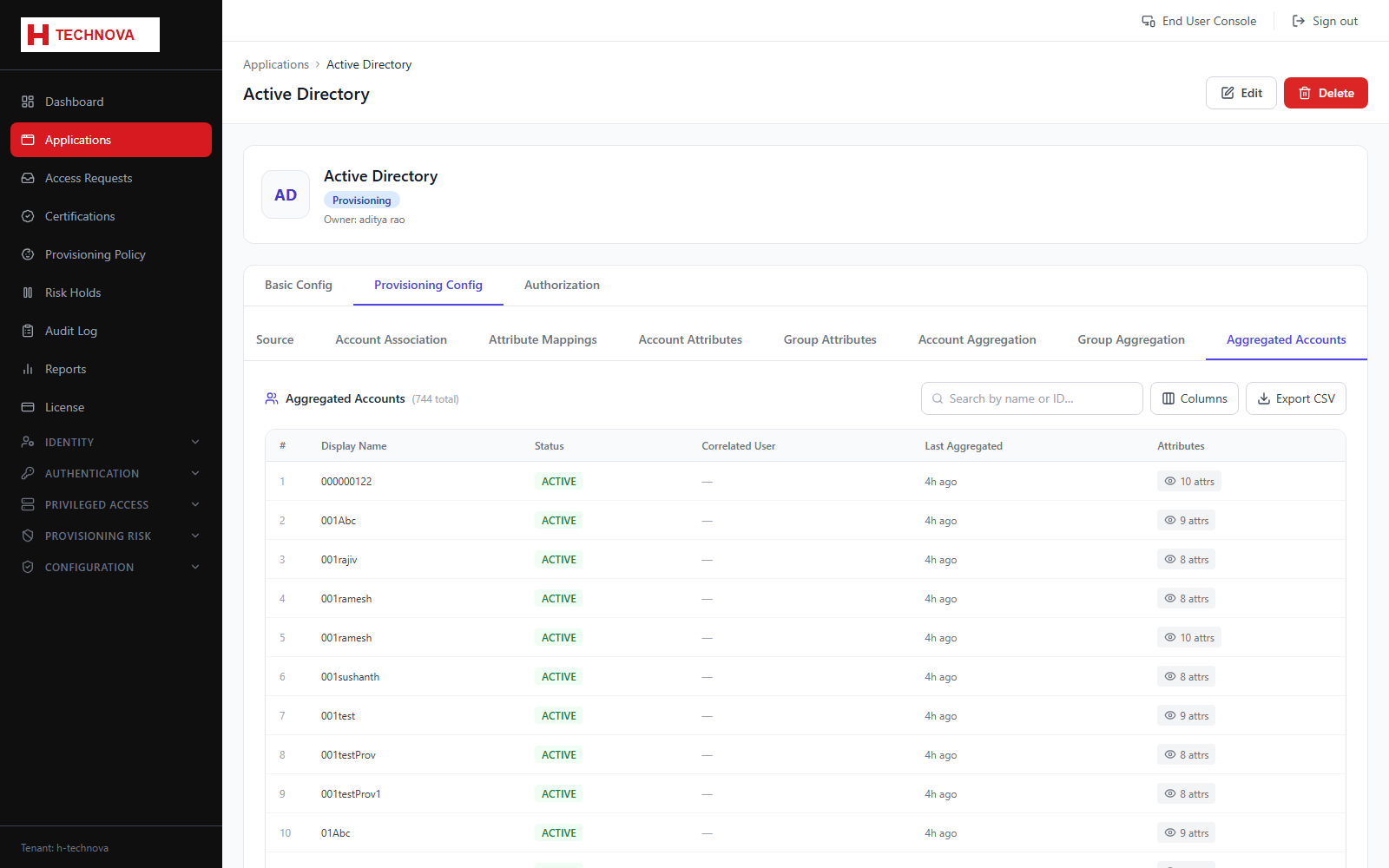 Provisioning → Aggregated Accounts screen