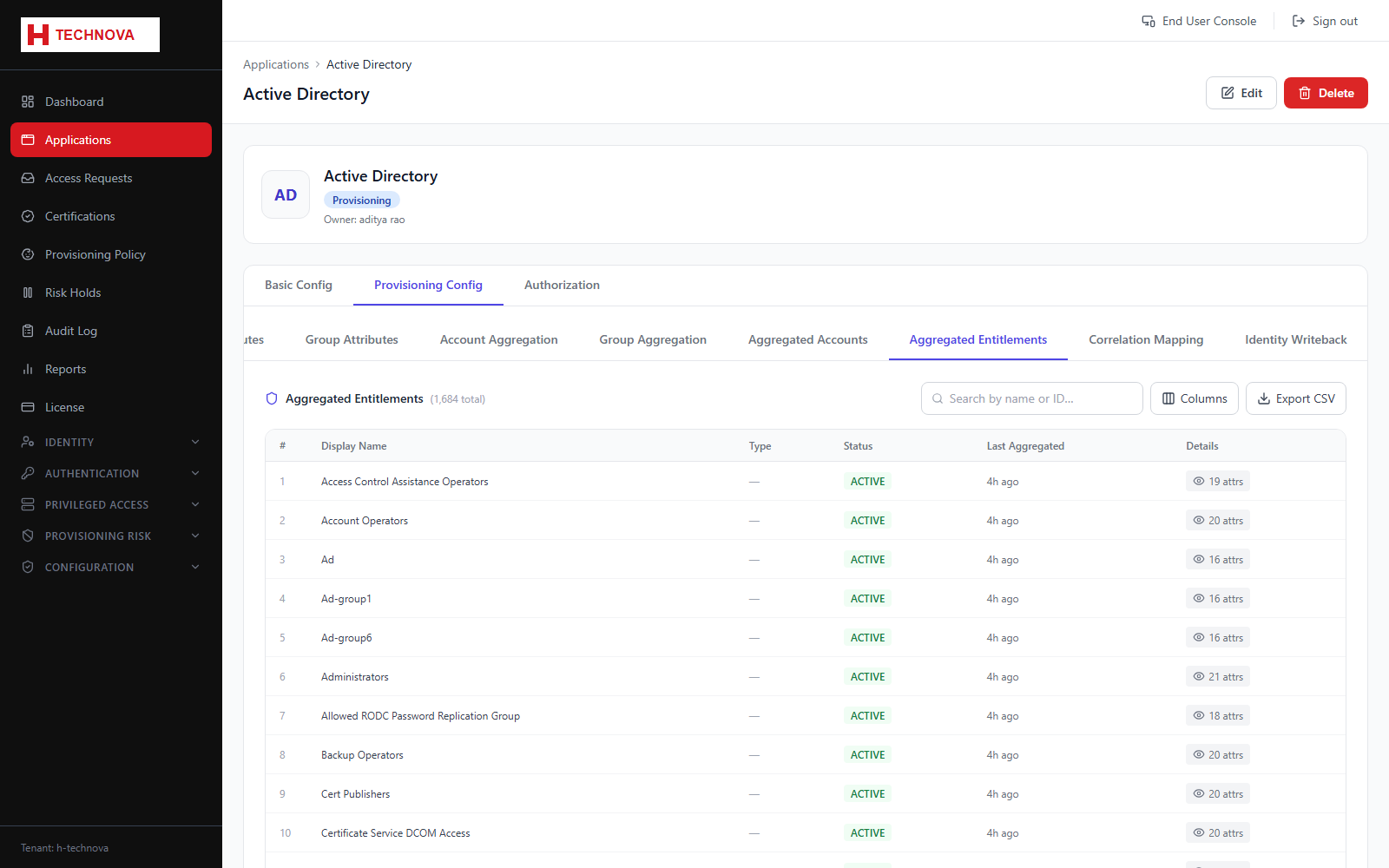 Provisioning → Aggregated Entitlements screen