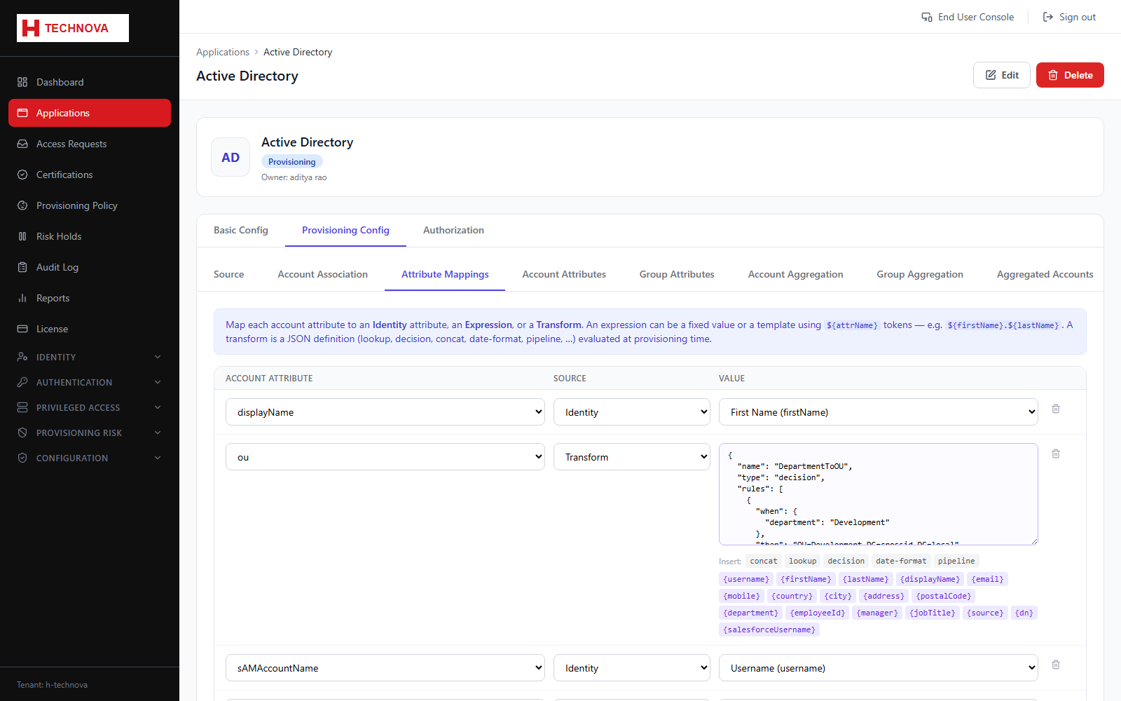 Provisioning → Attribute Mappings screen