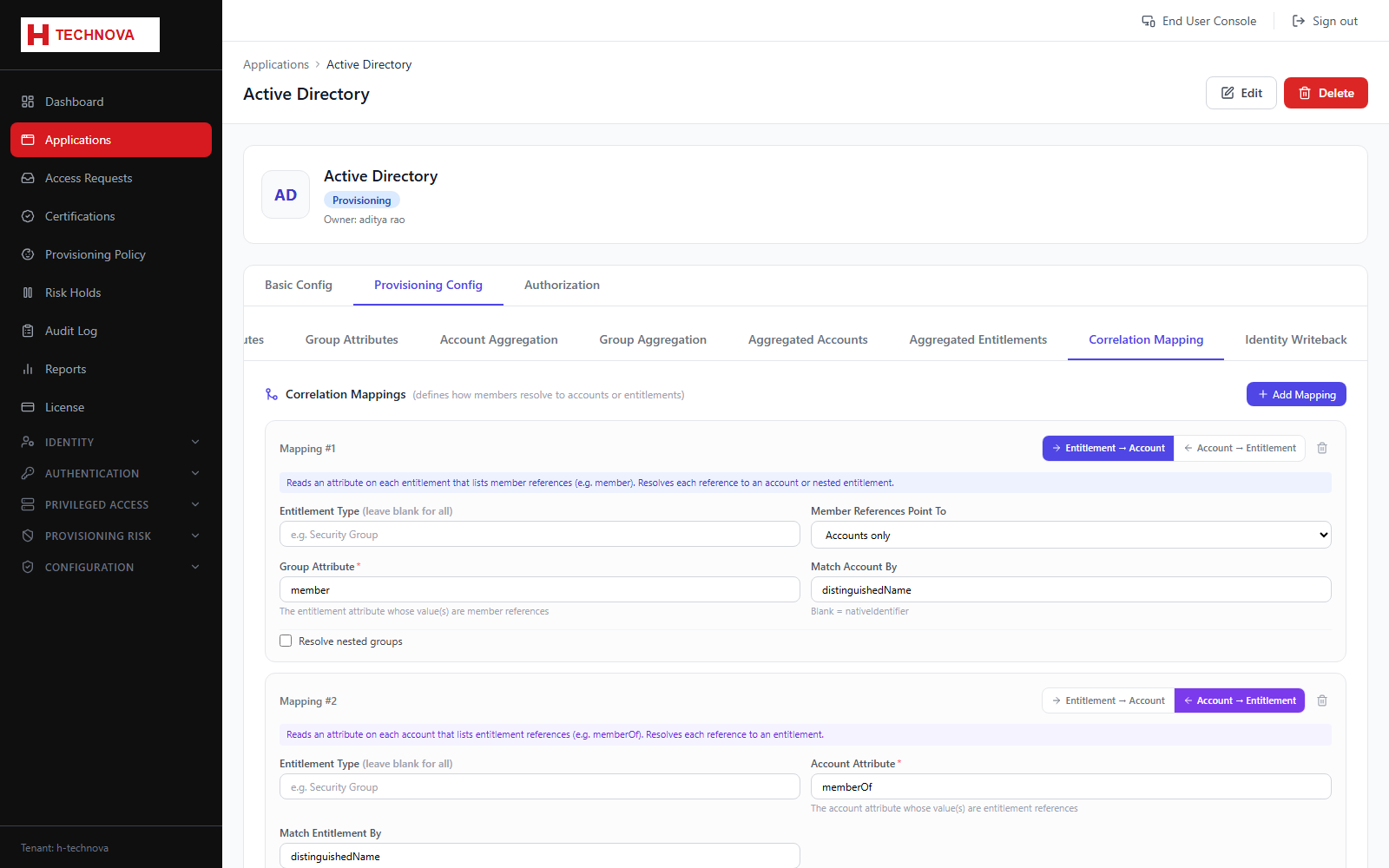 Provisioning → Correlation Mapping screen