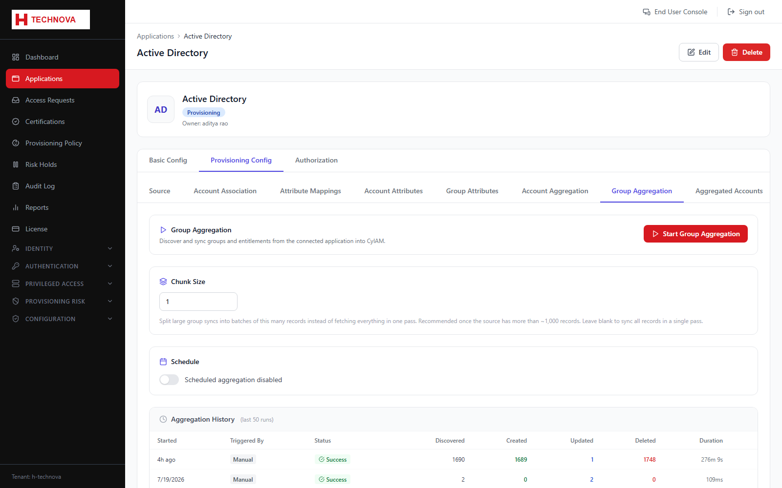 Provisioning → Group Aggregation screen