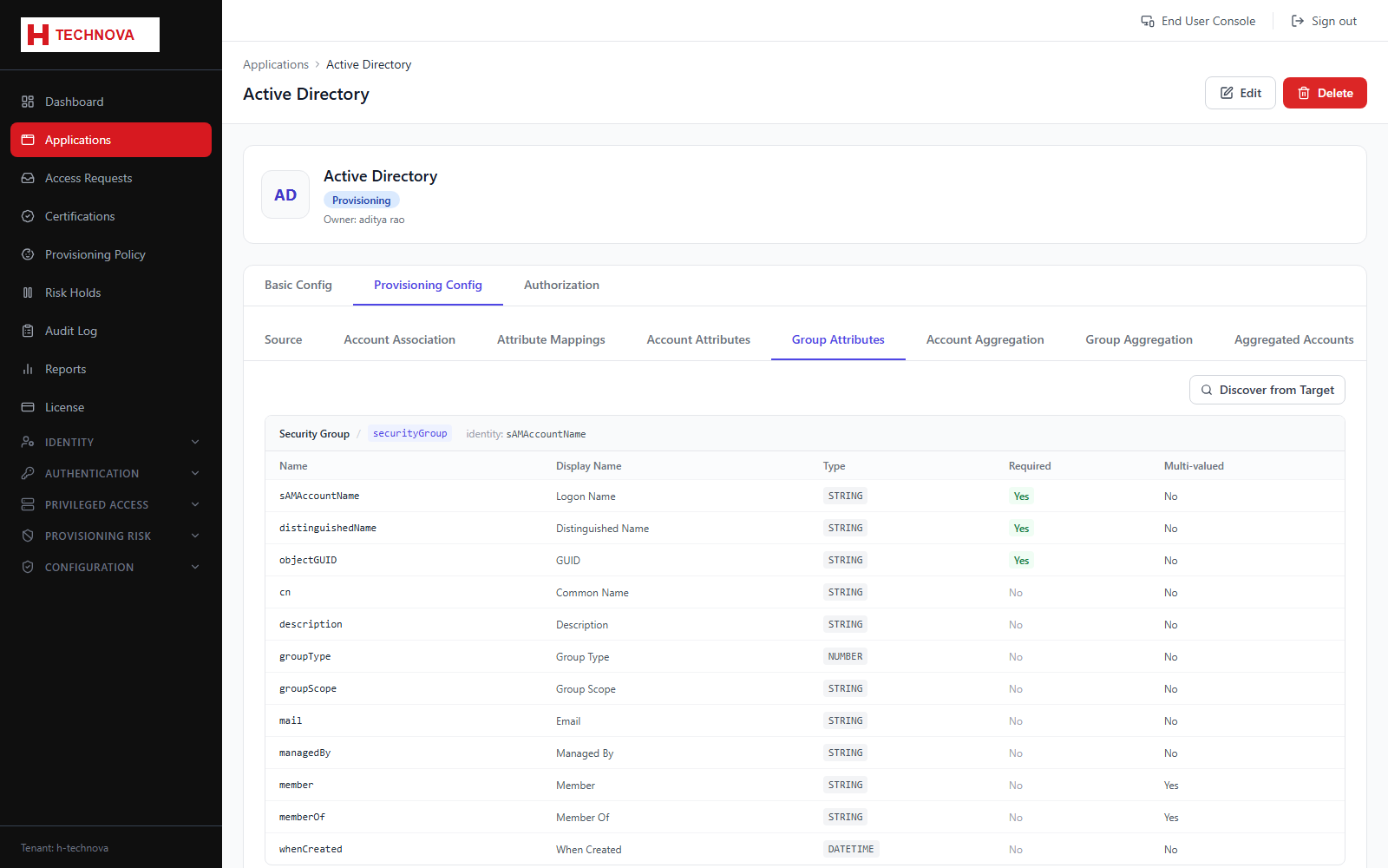 Provisioning → Group Attributes screen