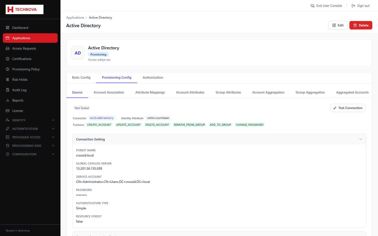 Provisioning → Source screen
