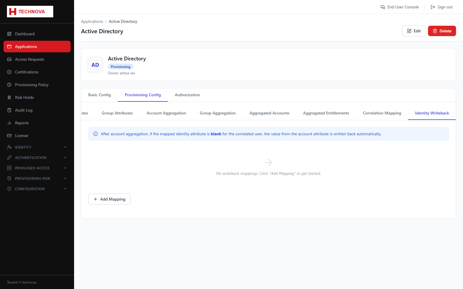 Provisioning → Identity Writeback screen