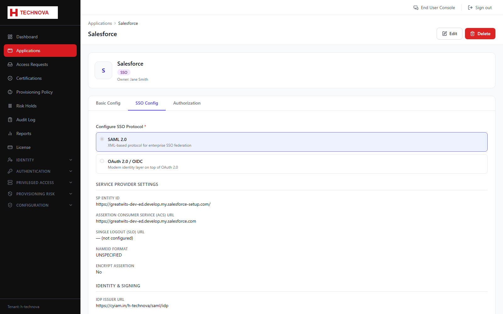 Application → SSO Config screen
