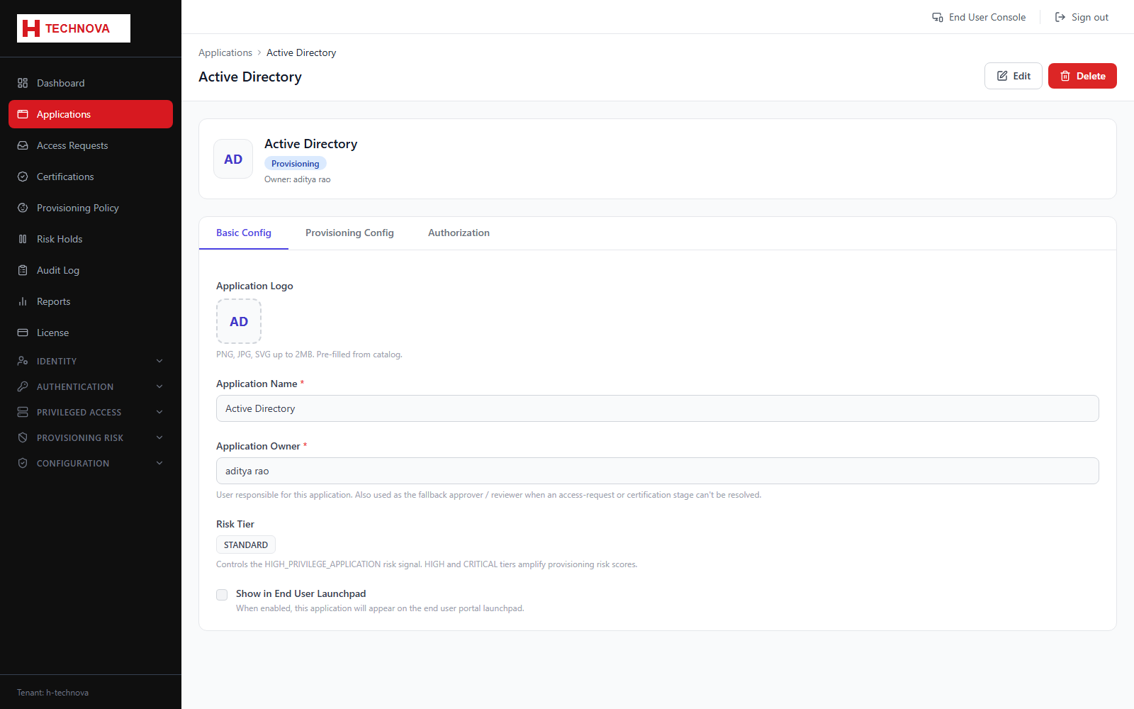 Application Detail & SSO screen