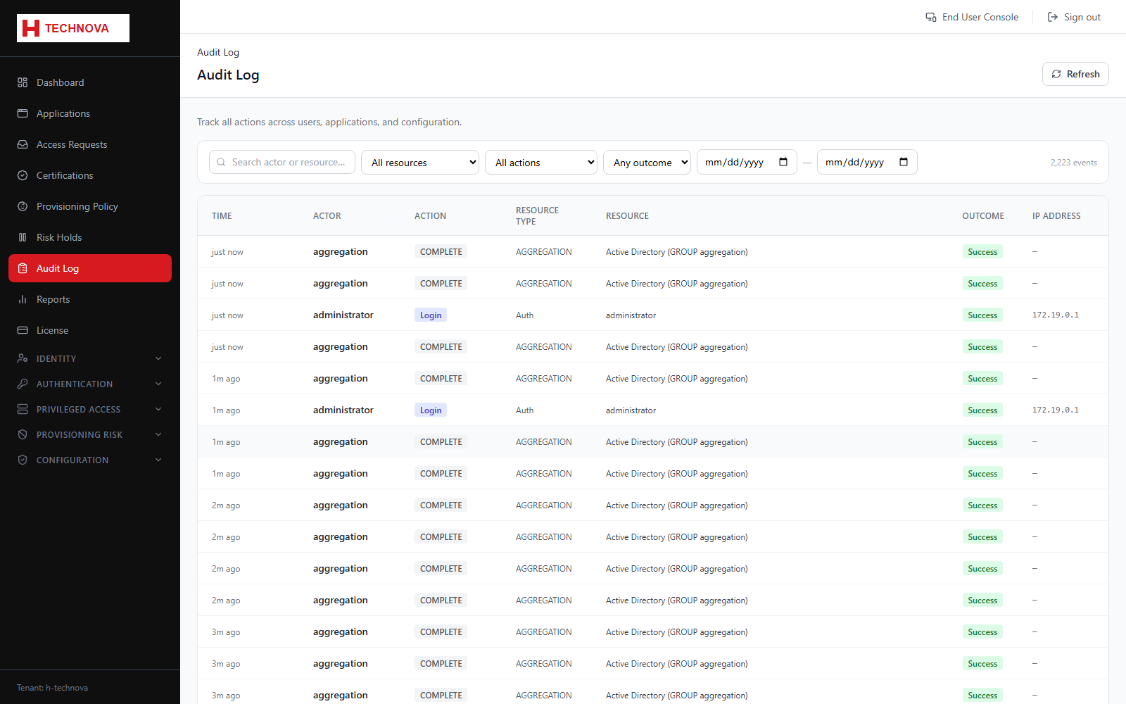 Audit Log screen