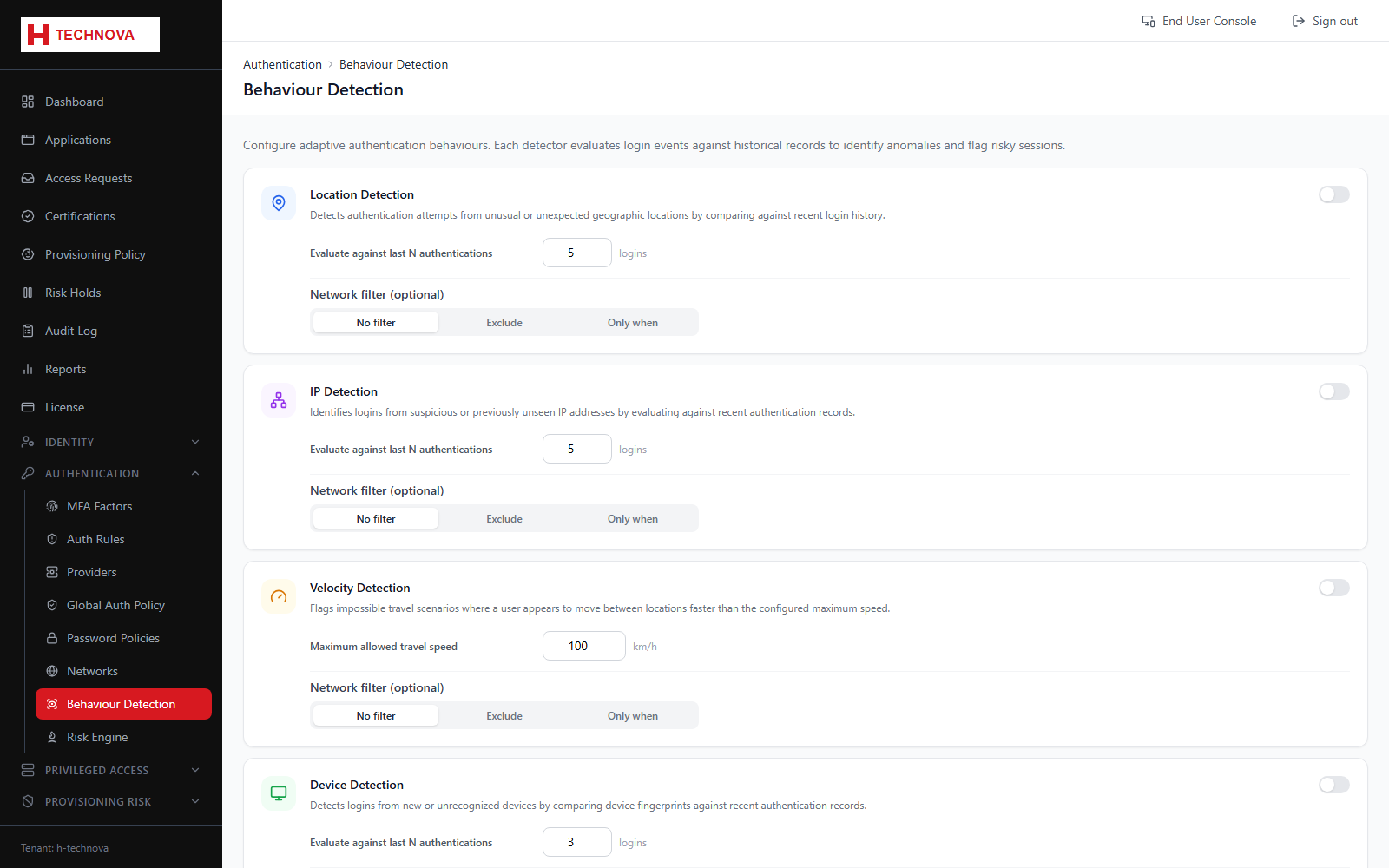 Behaviour Detection screen