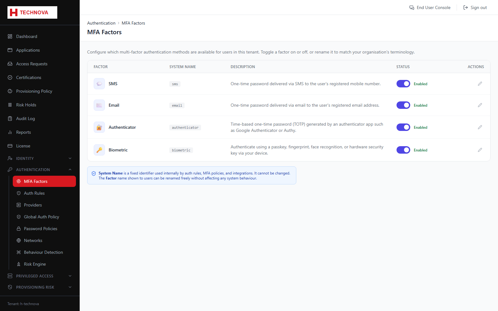 MFA Factors screen