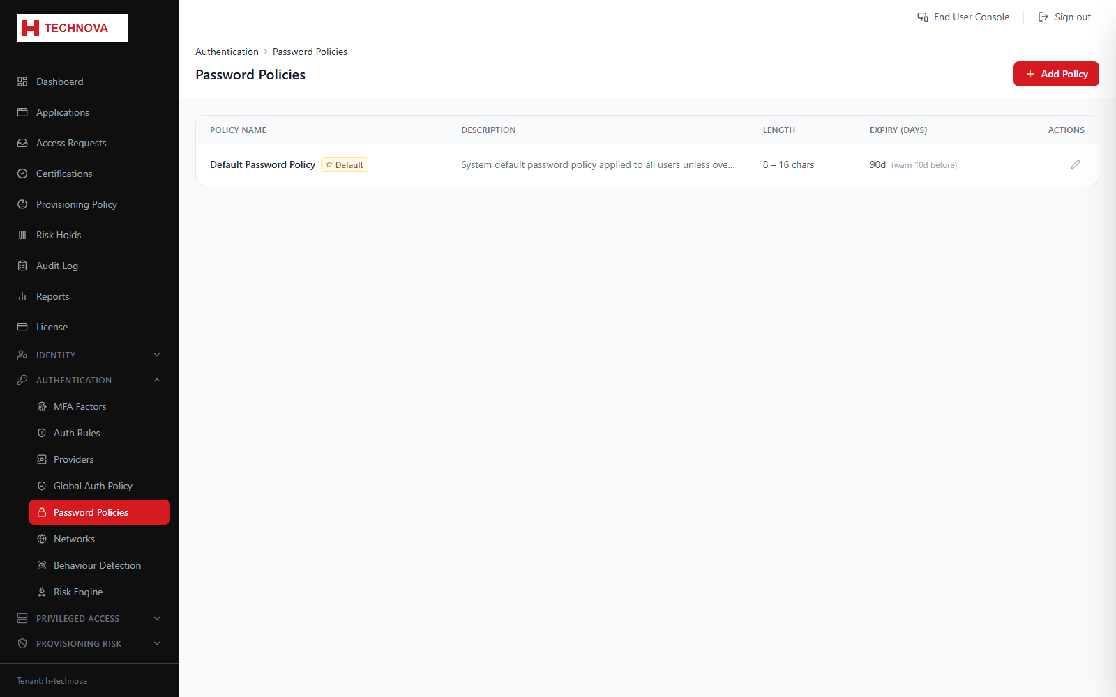 Password Policies screen