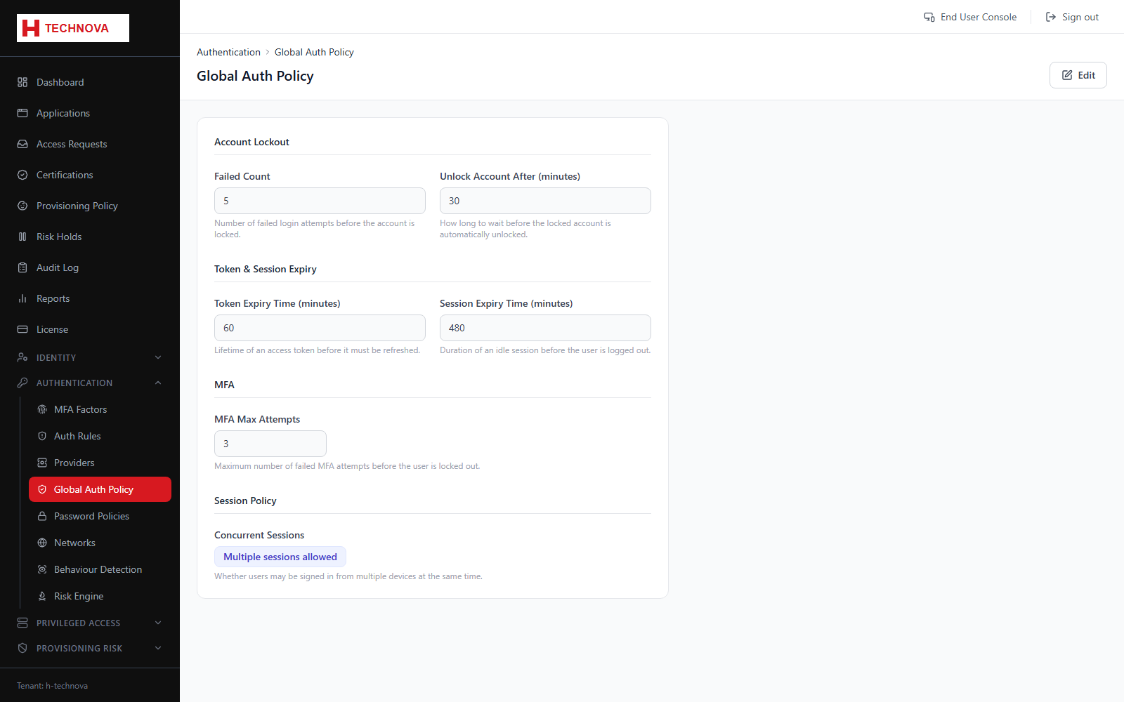 Global Auth Policy screen