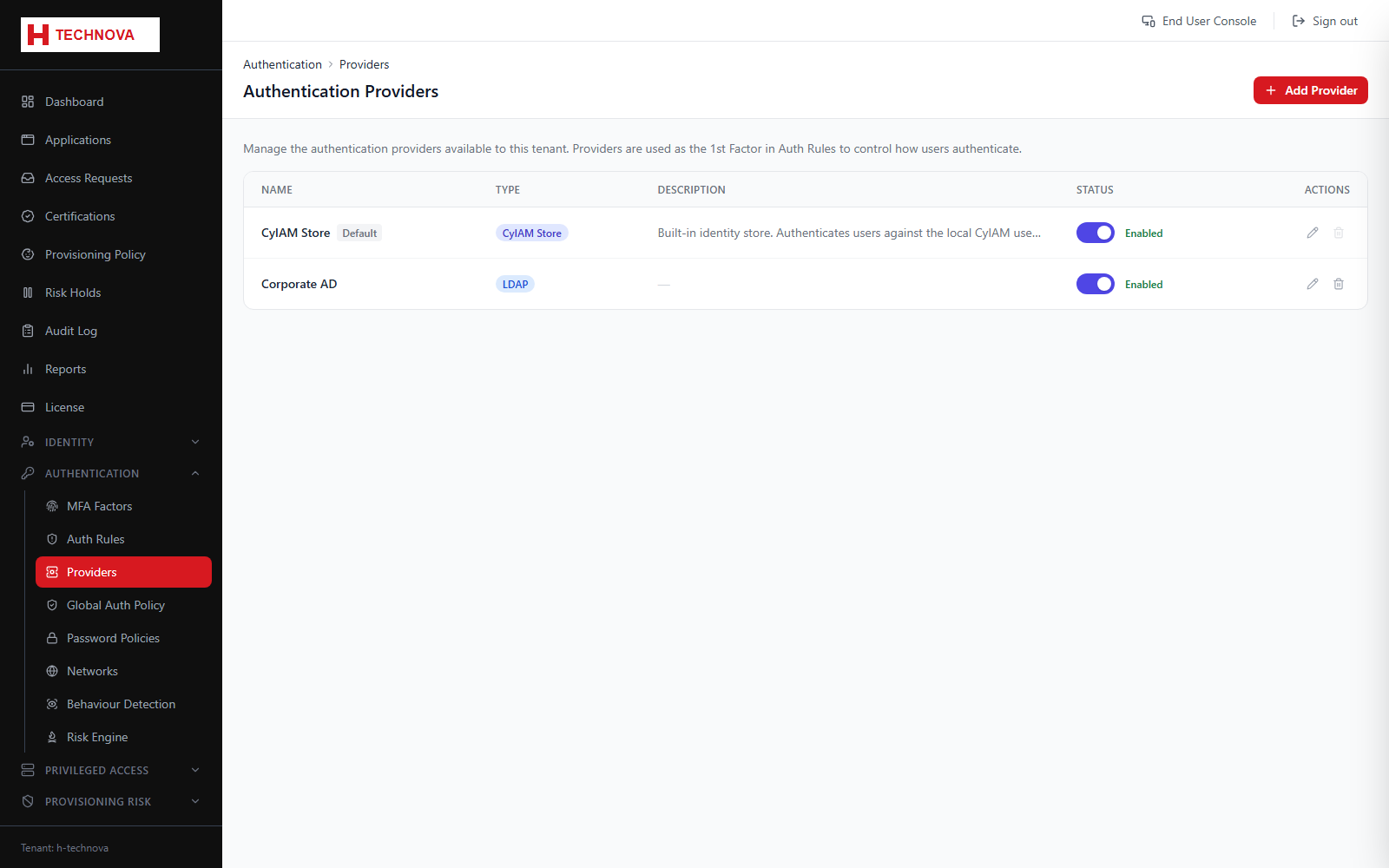 Authentication Providers screen