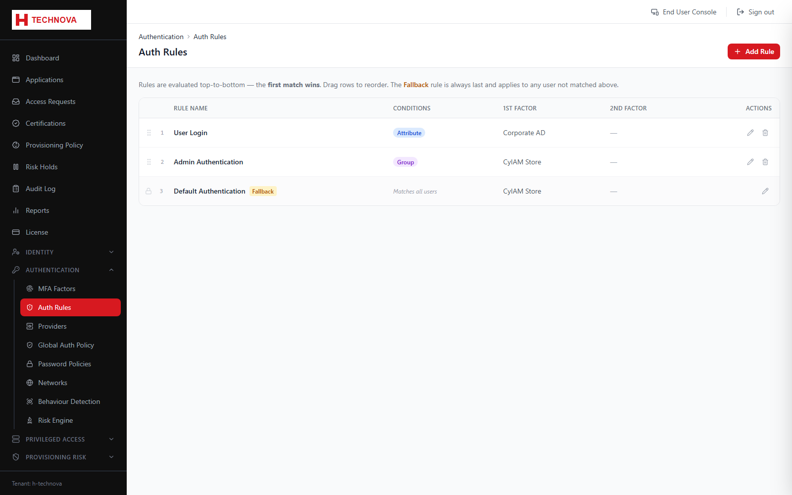 Authentication Rules screen