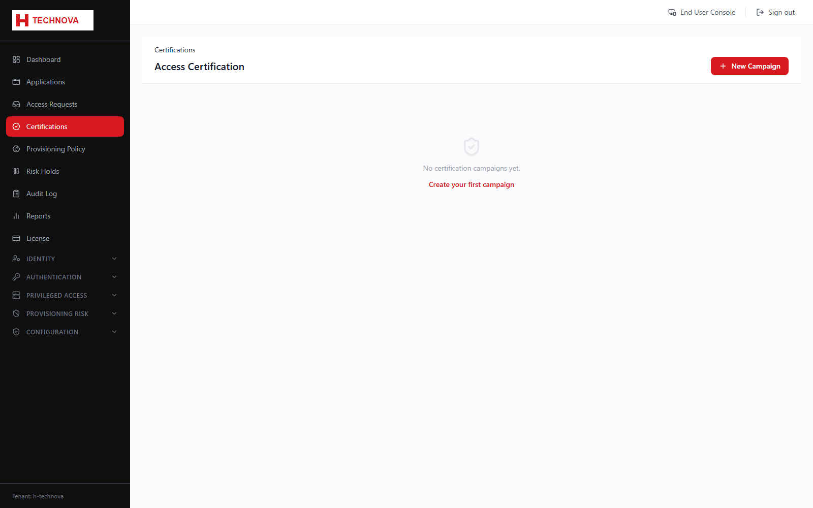 Access Certifications screen