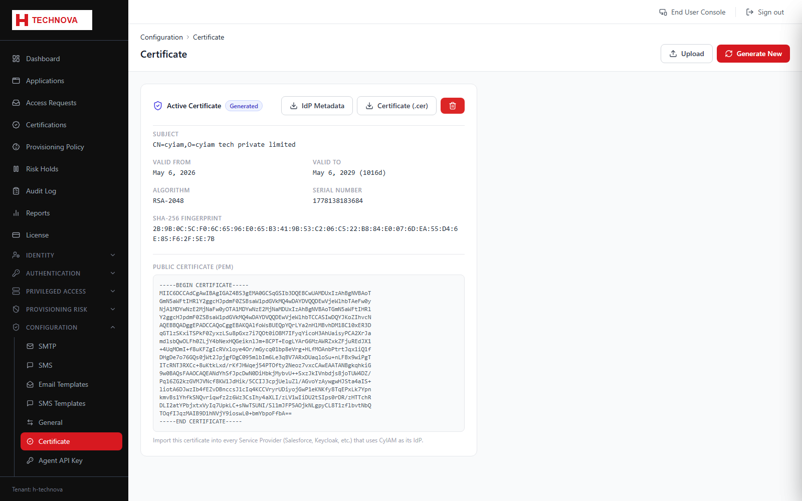 SAML Signing Certificate screen