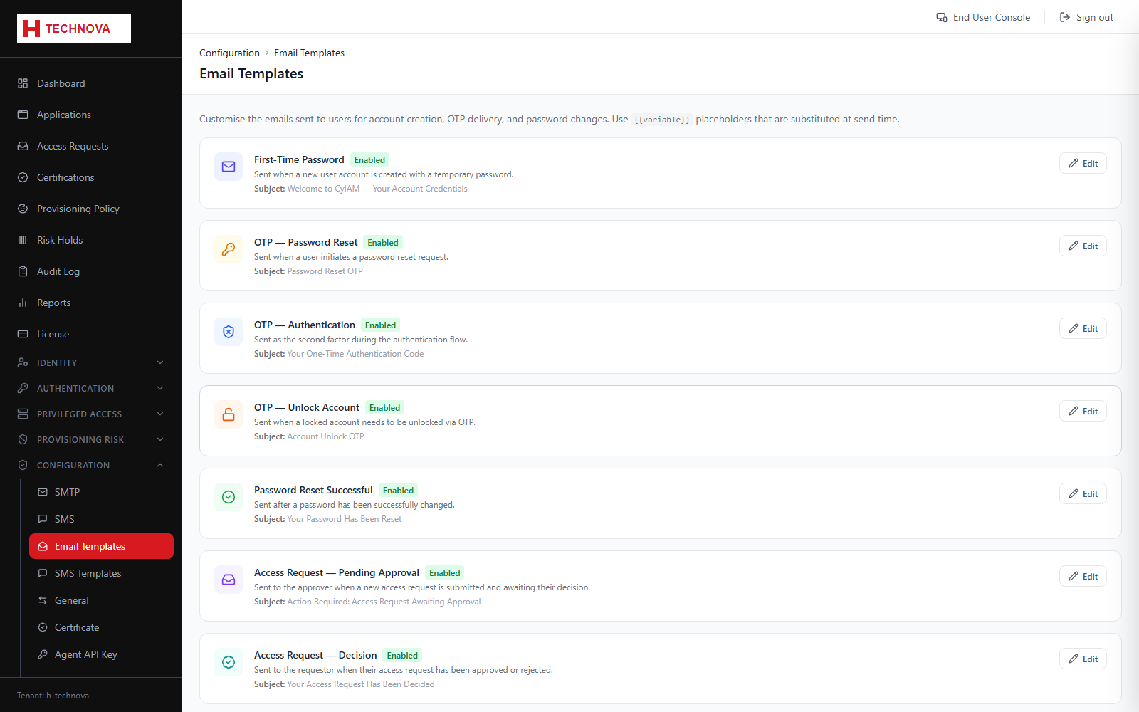 Email Templates screen