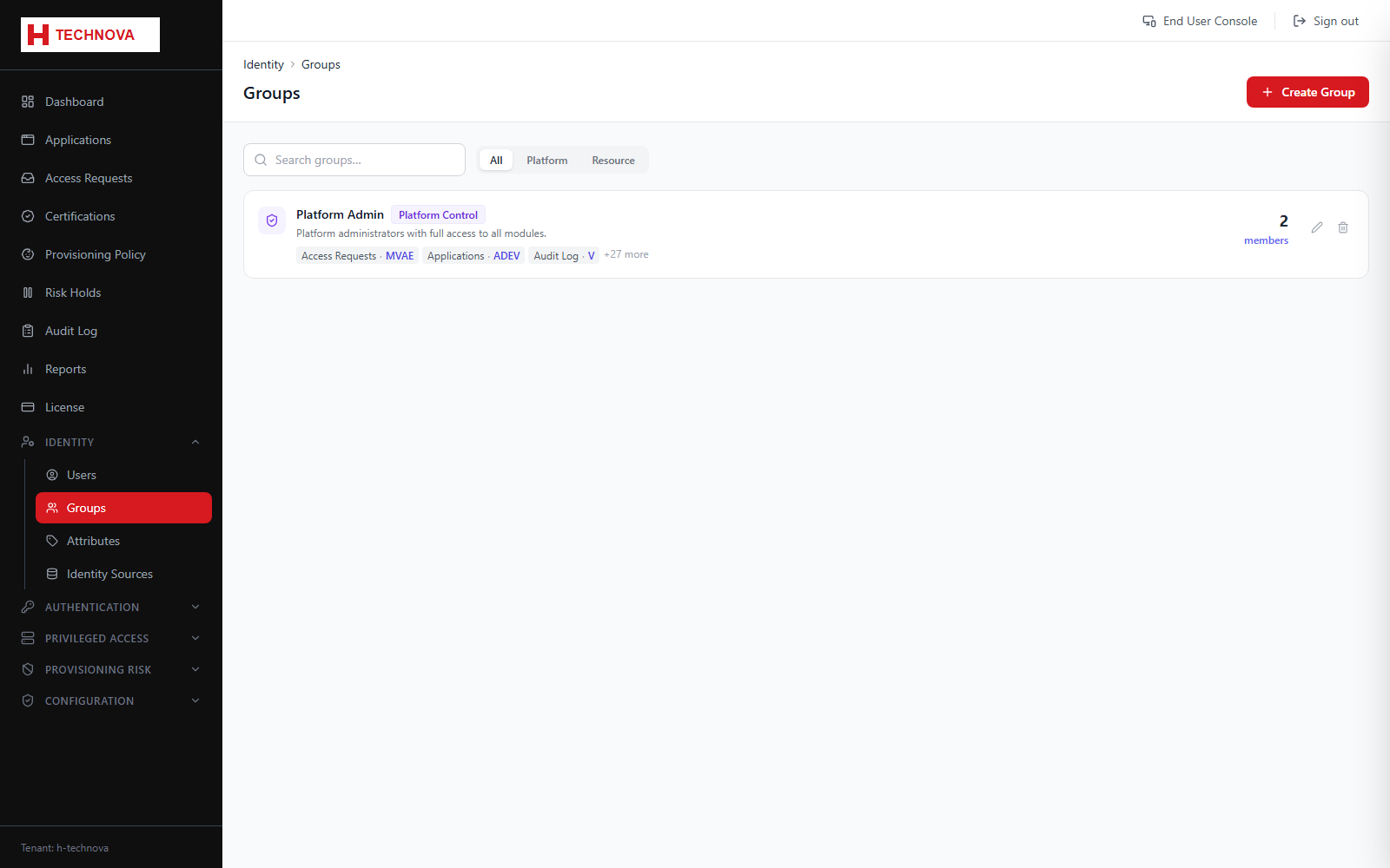 Groups screen