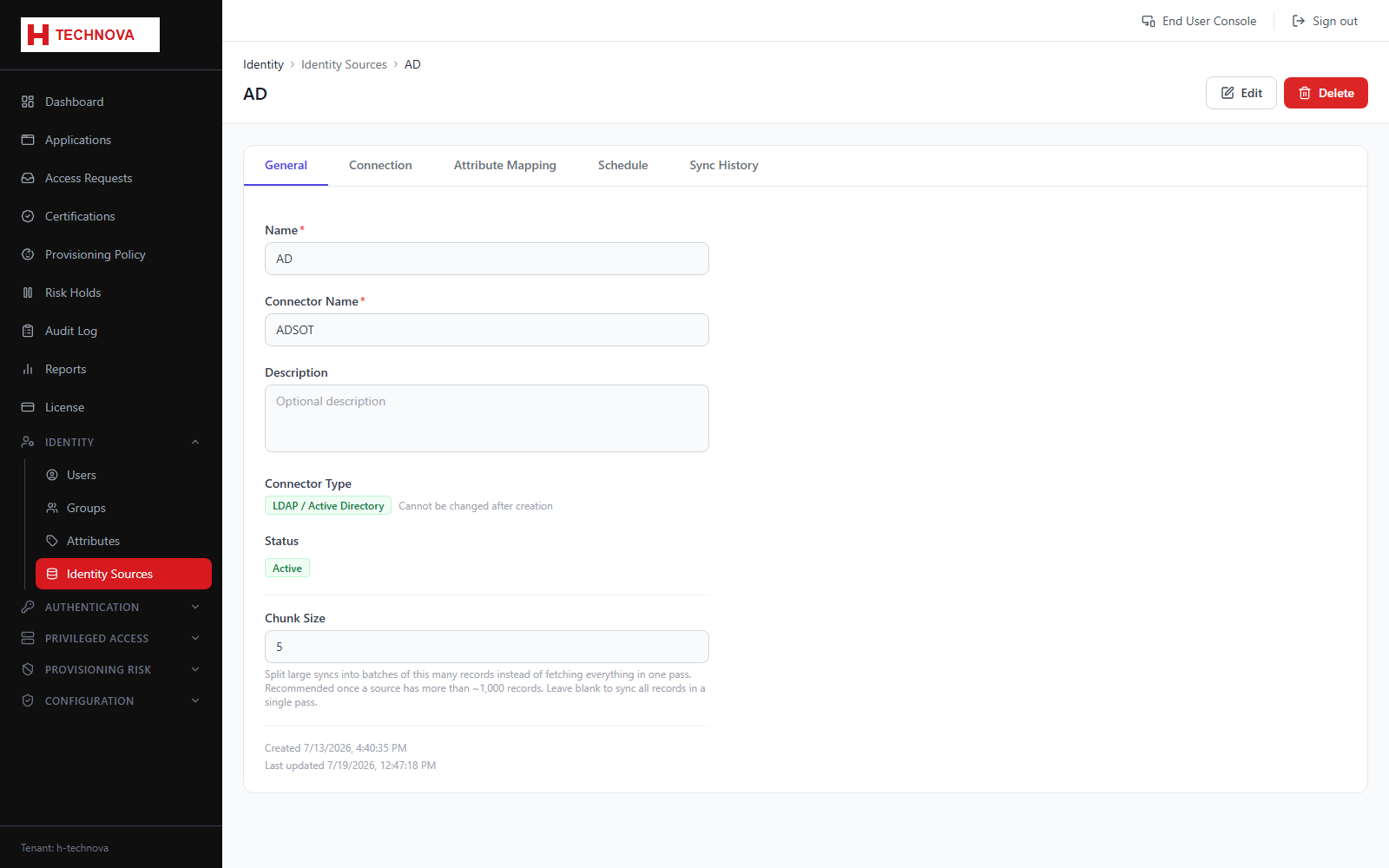 Identity Source Detail screen