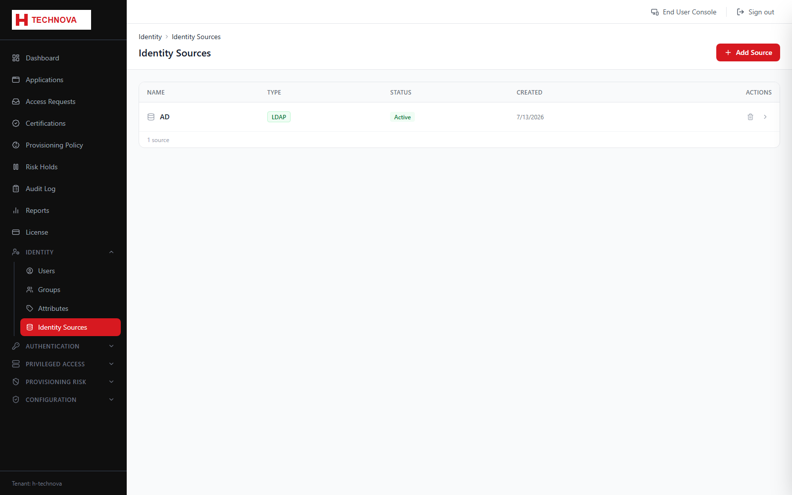 Identity Sources screen