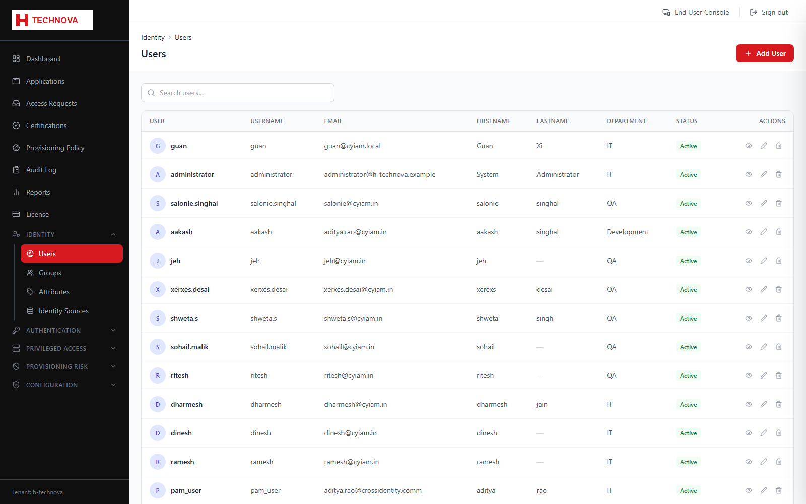 Users screen