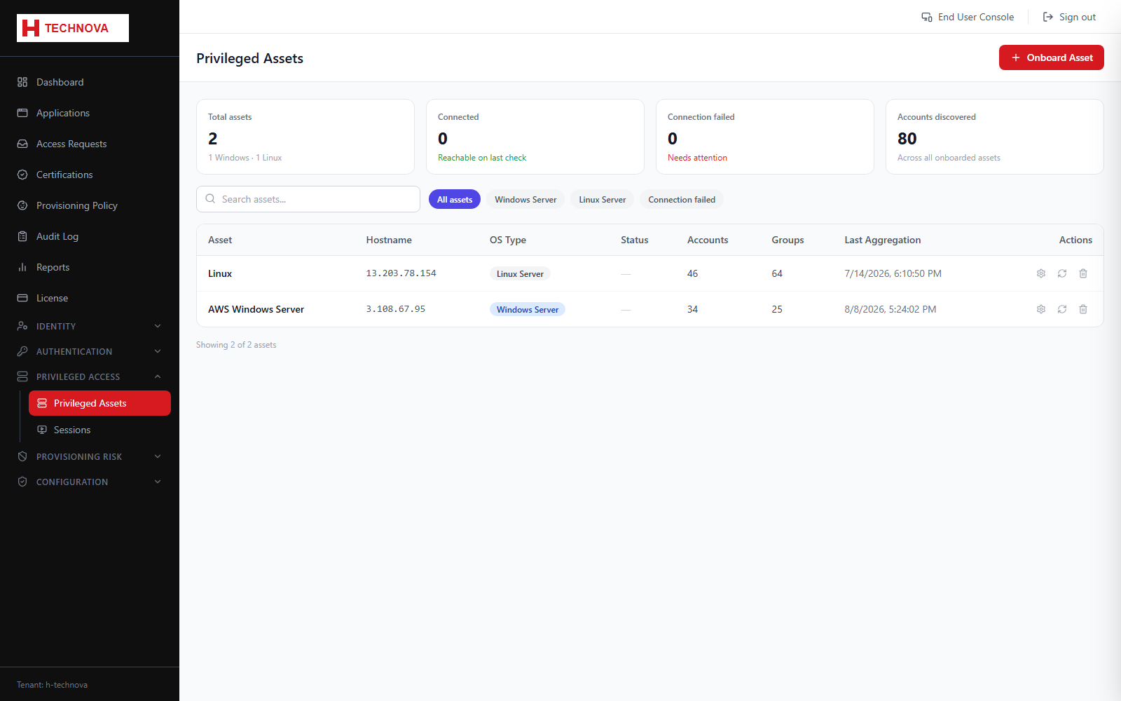 Privileged Assets screen
