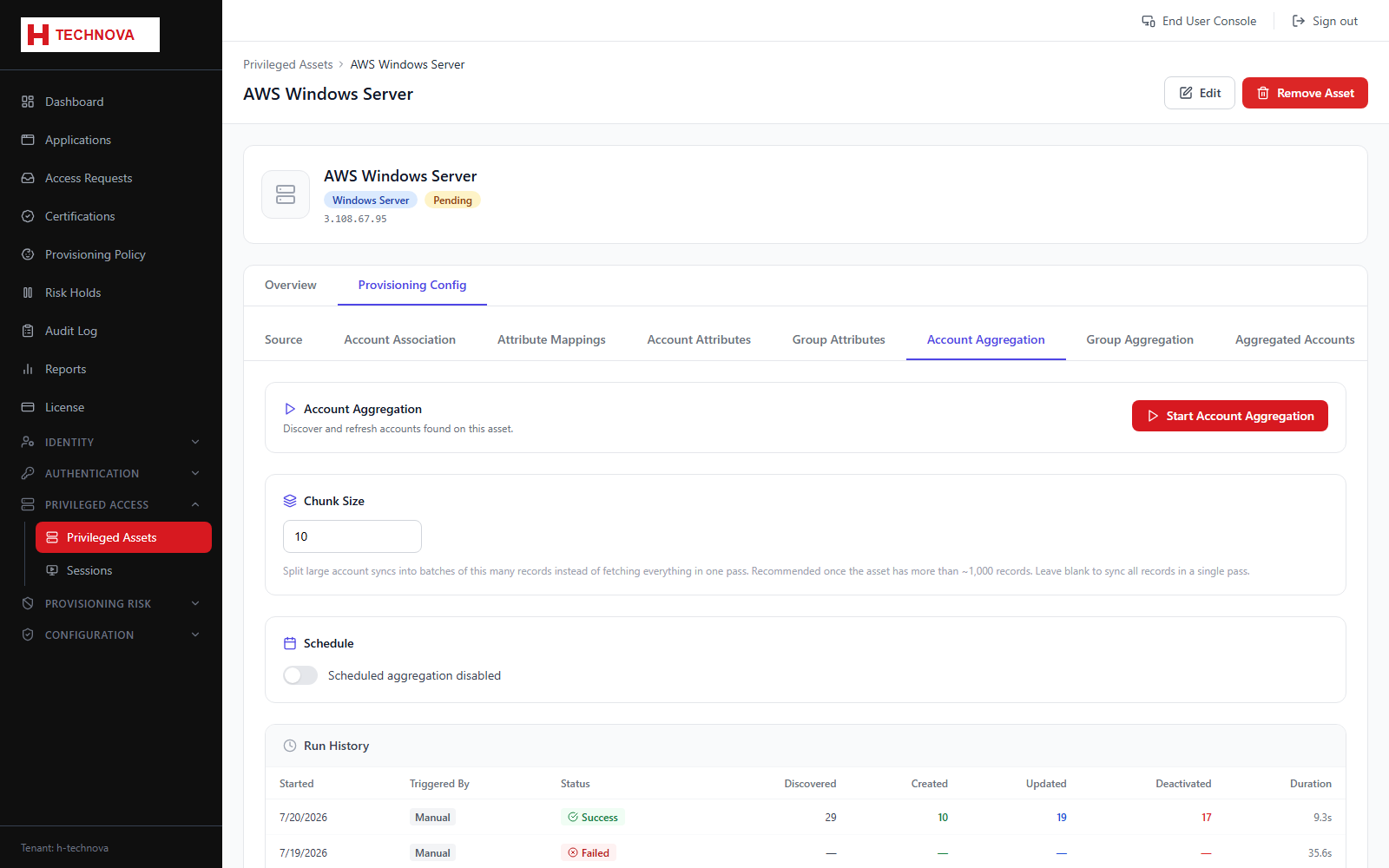 Asset Provisioning → Account Aggregation screen