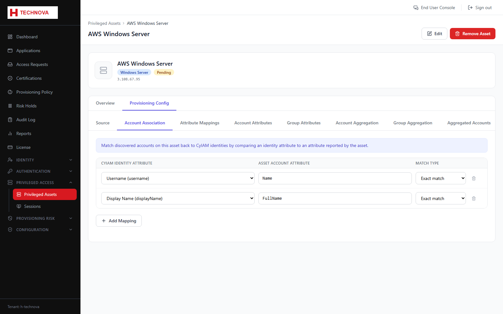 Asset Provisioning → Account Association screen