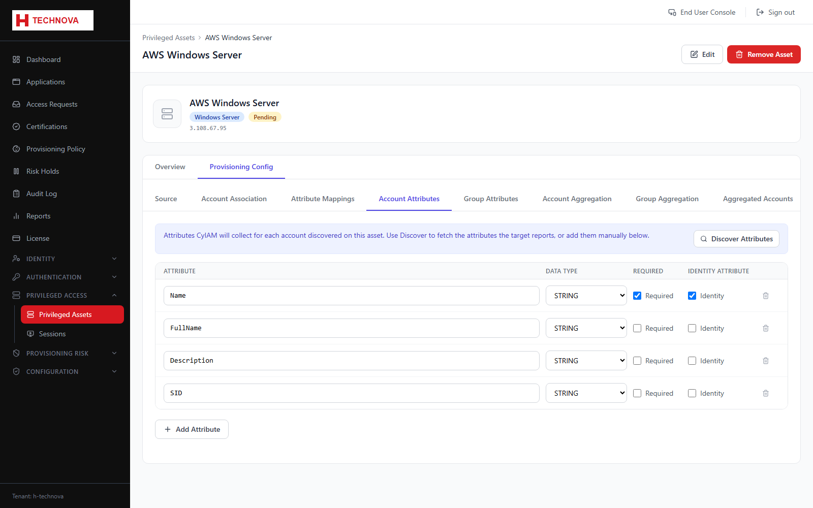 Asset Provisioning → Account Attributes screen