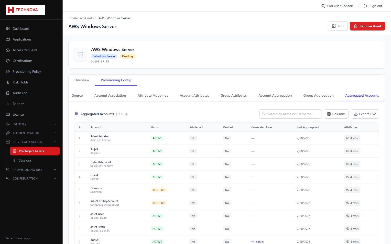 Asset Provisioning → Aggregated Accounts screen