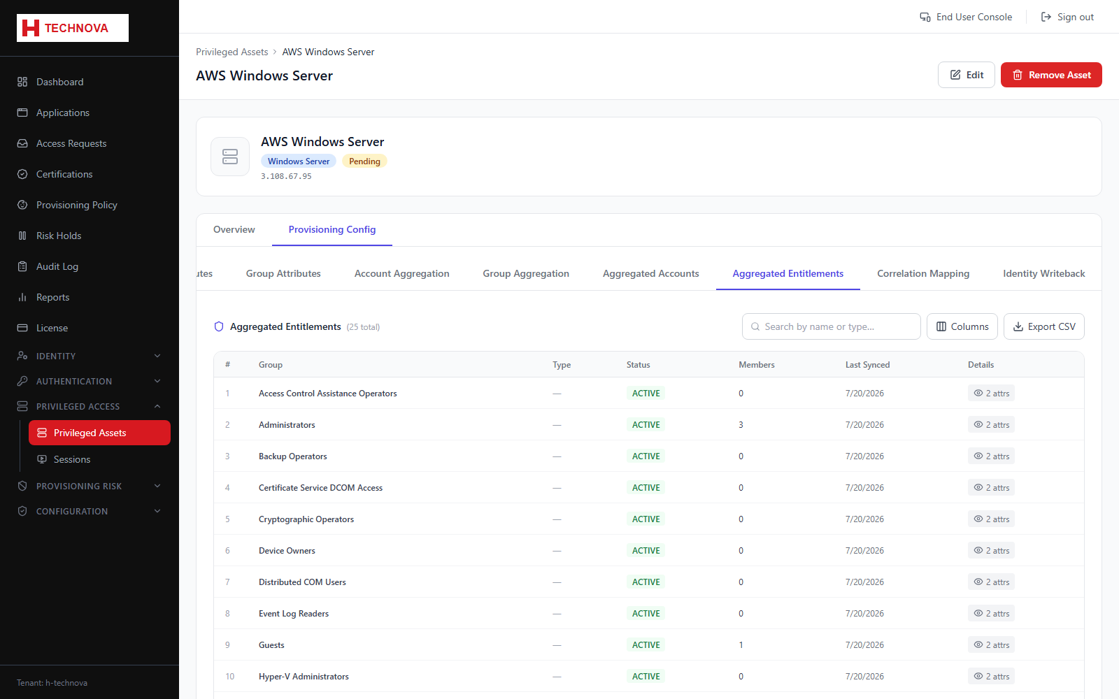Asset Provisioning → Aggregated Entitlements screen