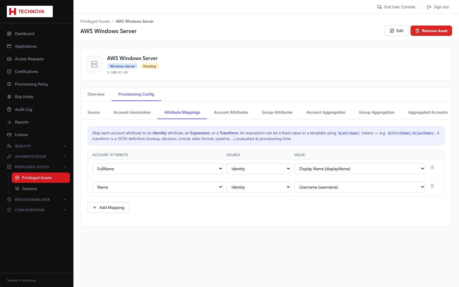 Asset Provisioning → Attribute Mappings screen