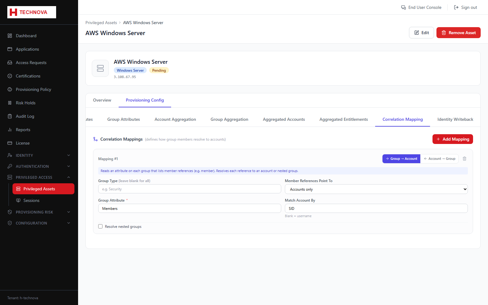 Asset Provisioning → Correlation Mapping screen
