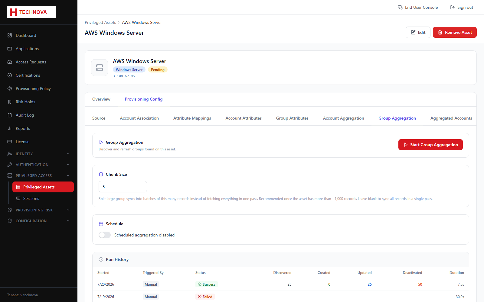 Asset Provisioning → Group Aggregation screen