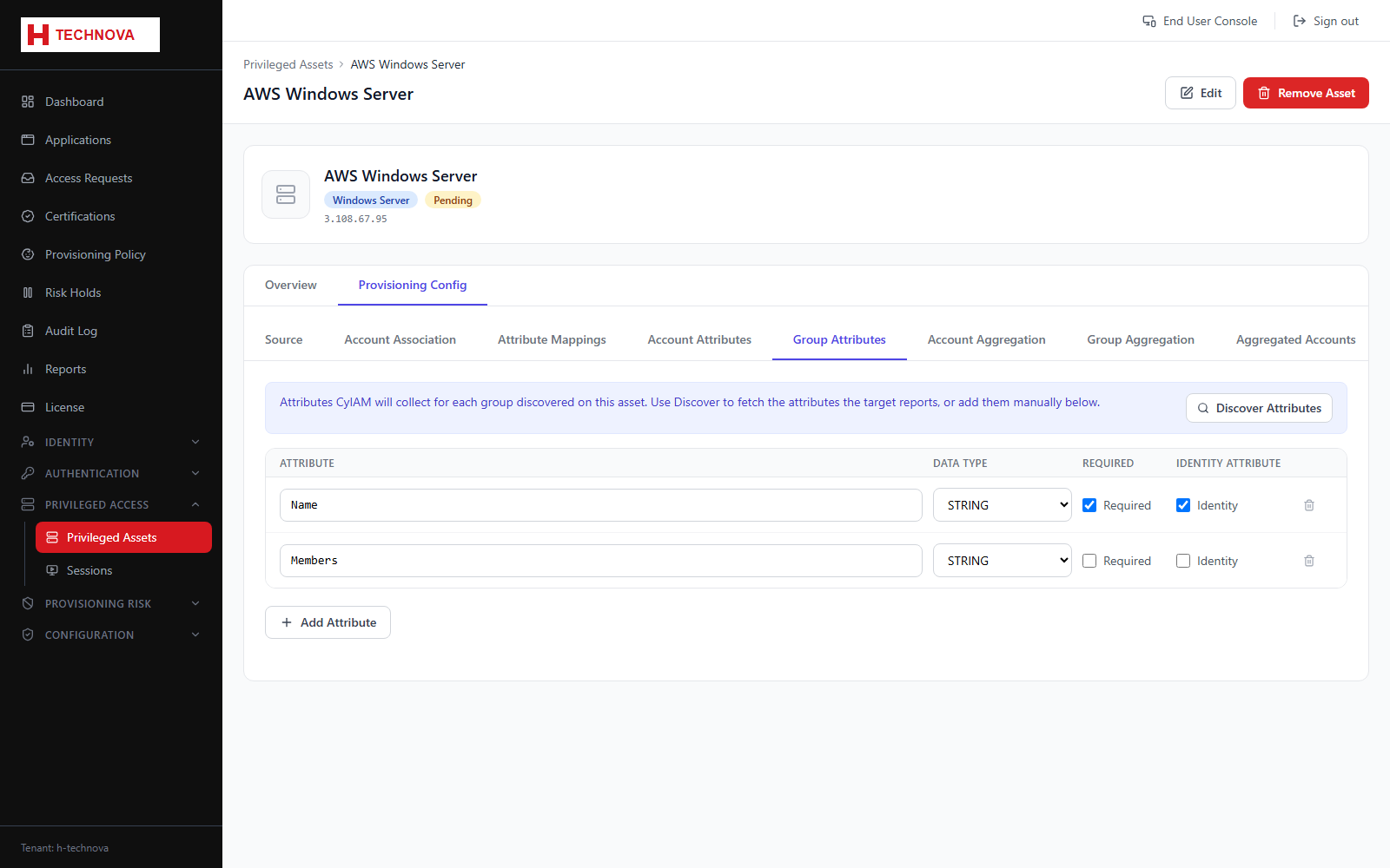 Asset Provisioning → Group Attributes screen
