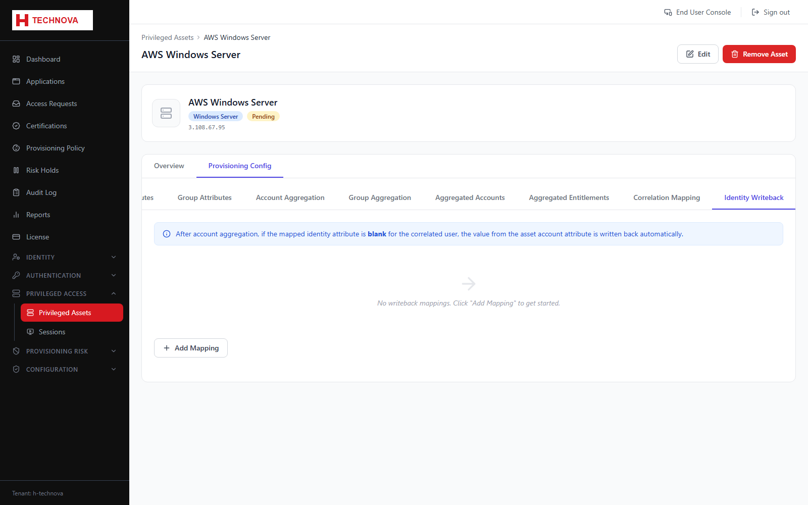 Asset Provisioning → Identity Writeback screen