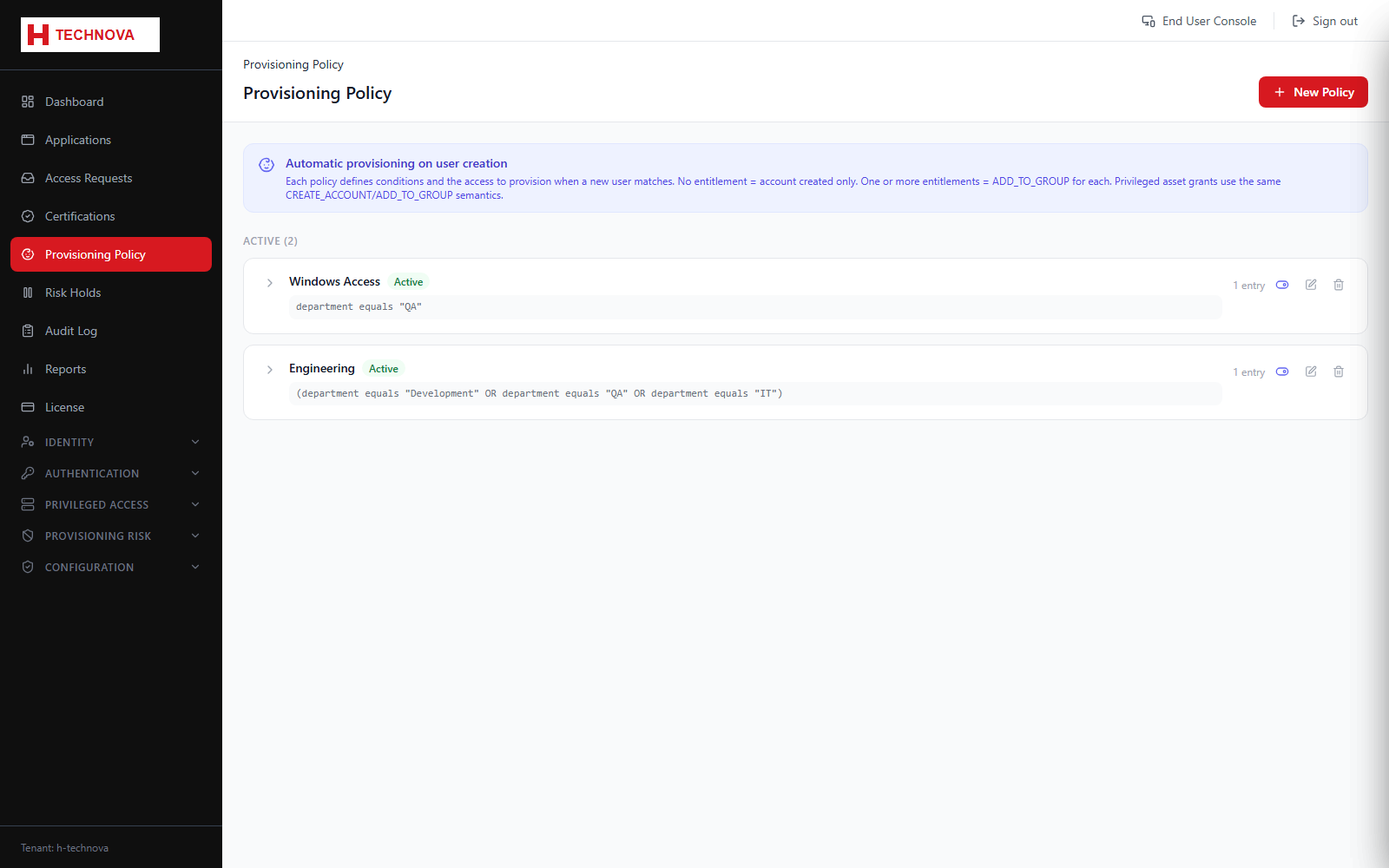Provisioning Policy (Birthright) screen