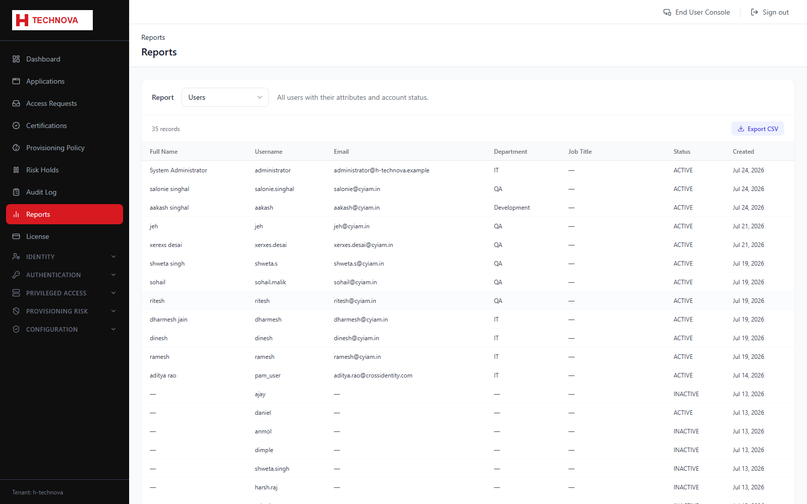 Reports screen