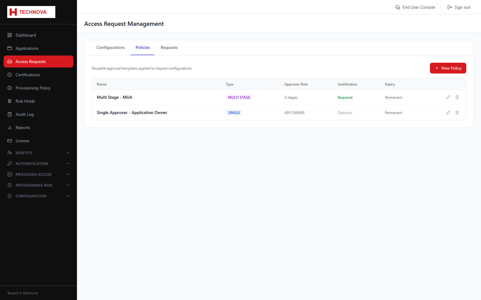 Access Requests → Policies screen