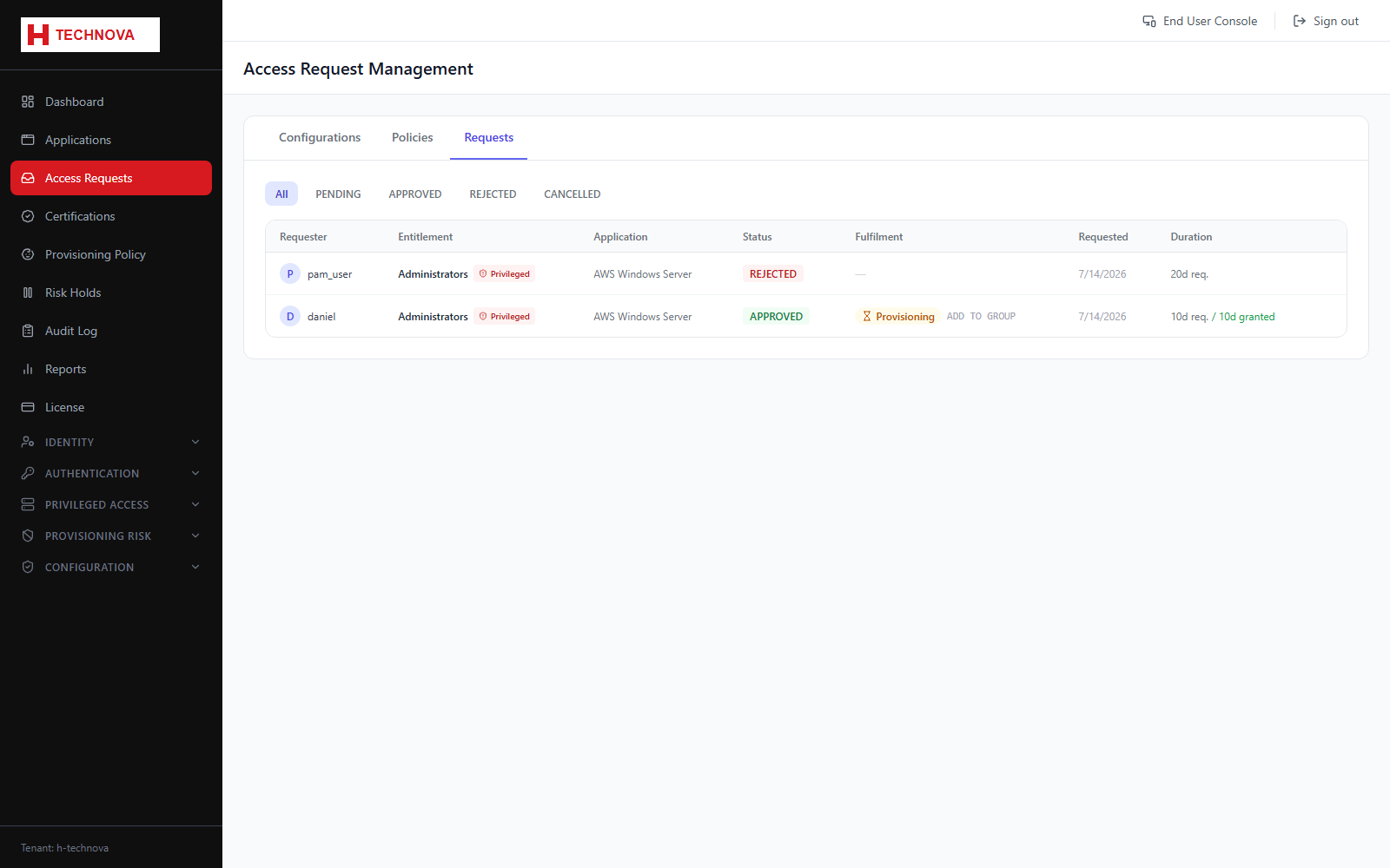Access Requests → Requests screen