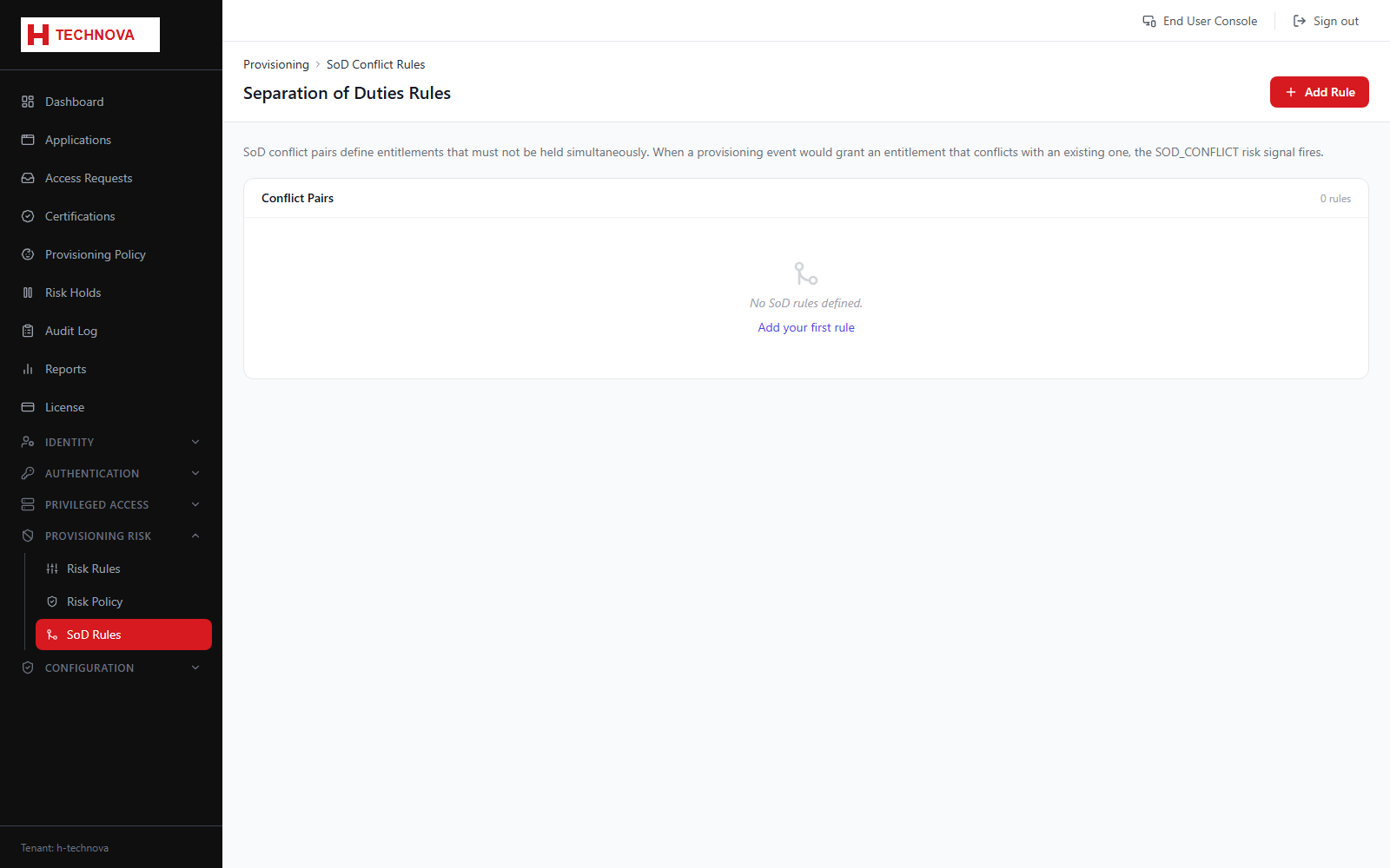 Segregation of Duties Rules screen
