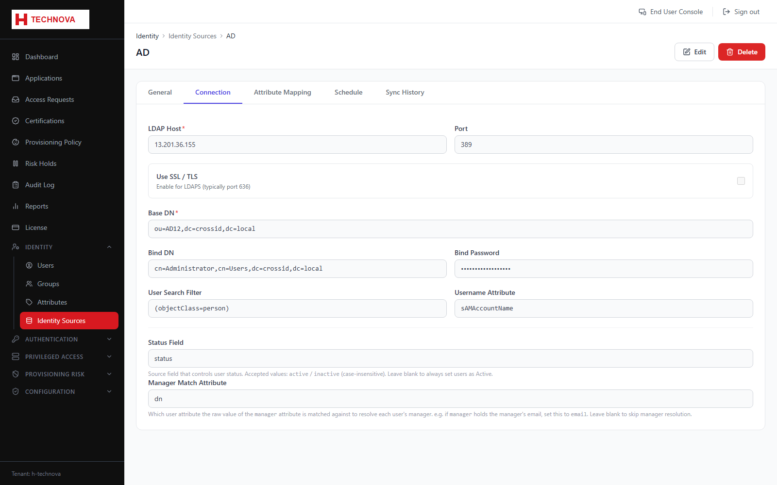 Source → Connection screen