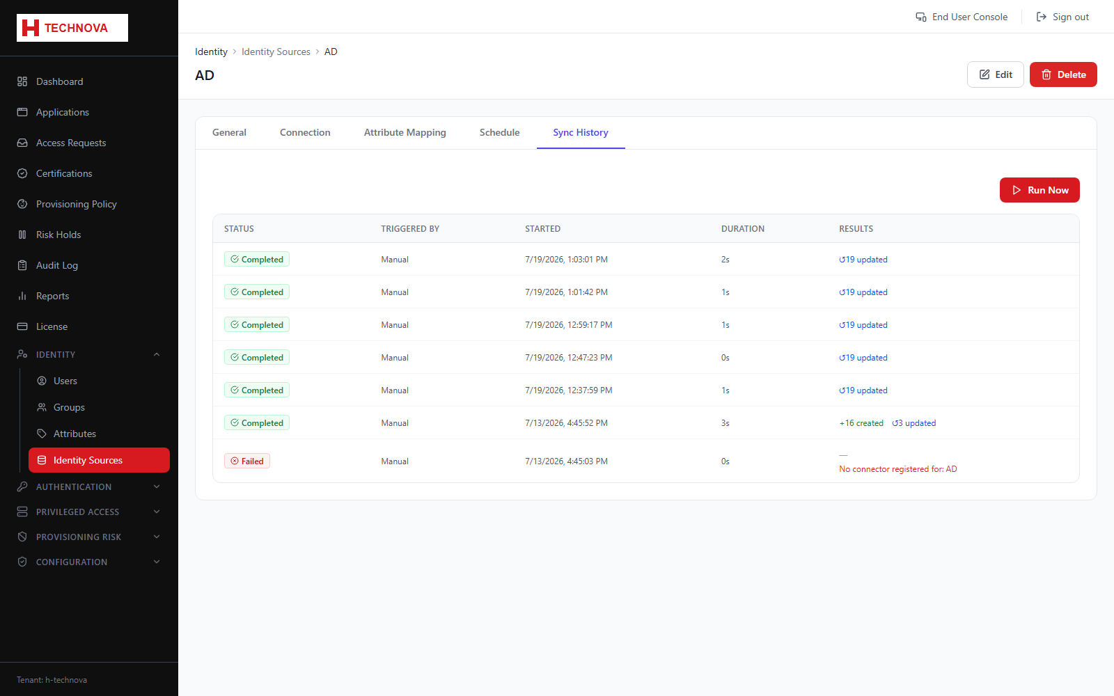 Source → Sync History screen