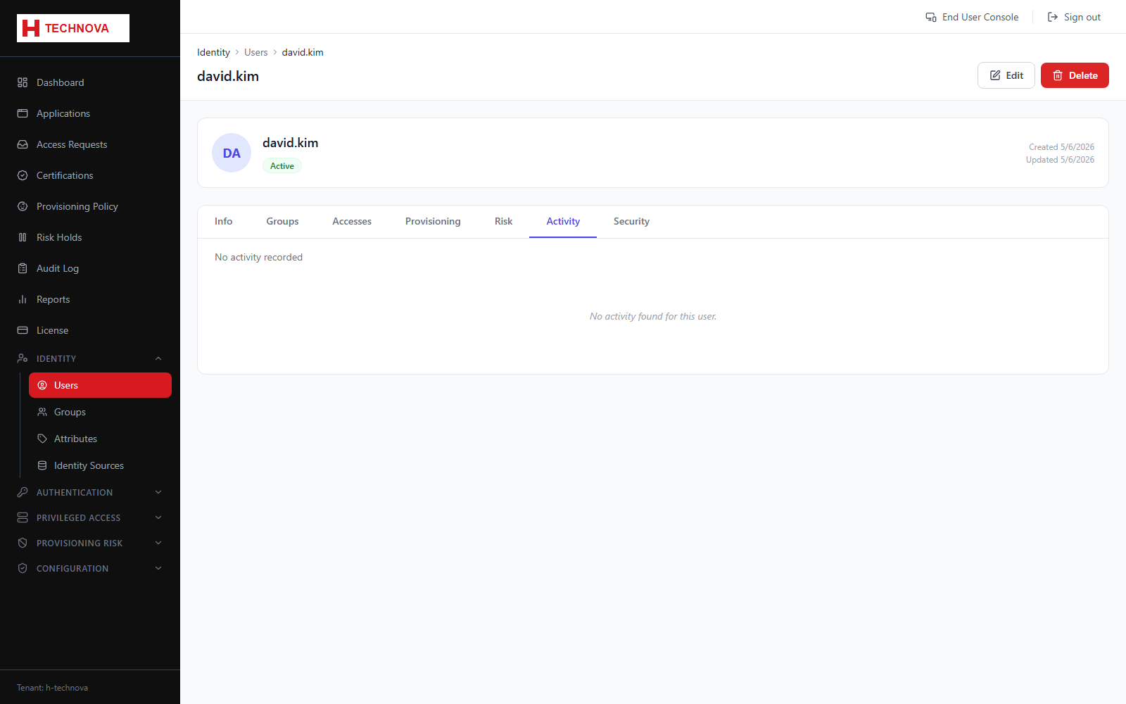 User → Activity screen