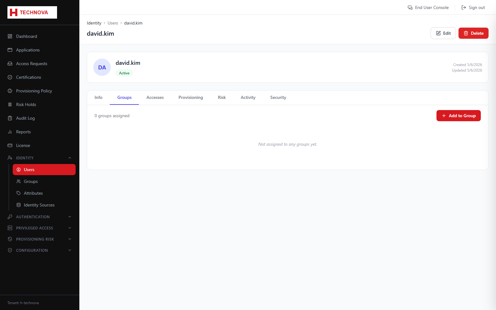 User → Groups screen