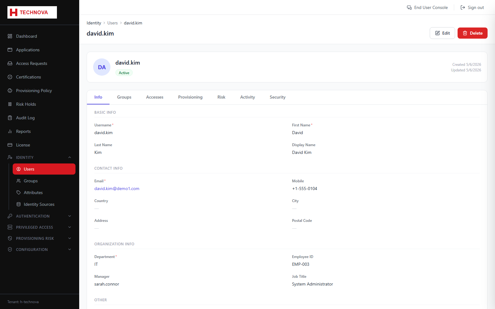 User → Info screen