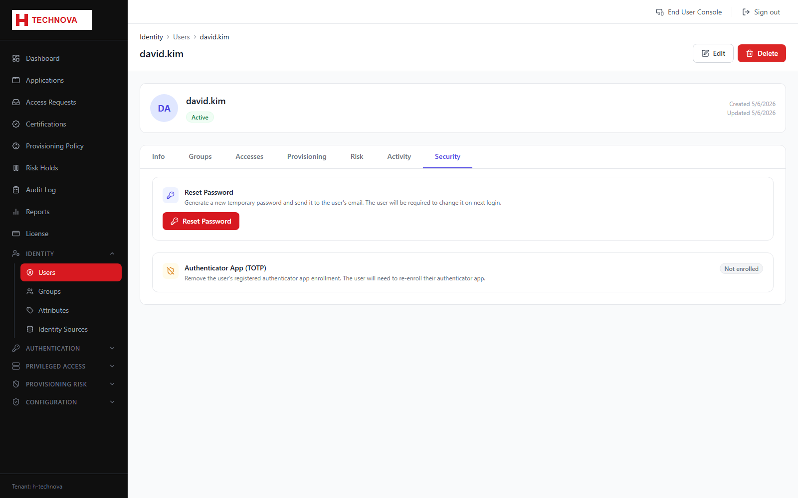 User → Security screen